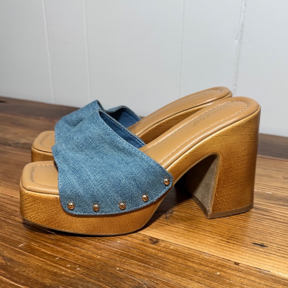 CHUNKY PLATFORM SANDAL Studded DENIM Clog Slide Size 6.5 Faux Wood Block Heel - Picture 4 of 9